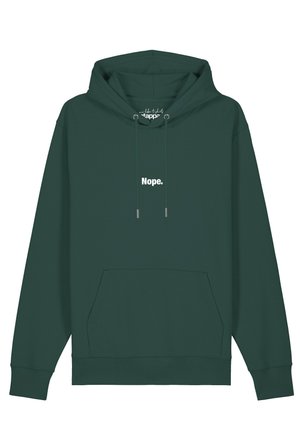 Dark green hoodie with front pocket and drawstrings, featuring white text "Nope." centered on the chest.