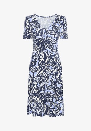 Kurzes Kleid in Blau- und Weiß mit floralem Muster, mit V-Ausschnitt und schwingendem Rock, aus einem leichten Stoff gefertigt.