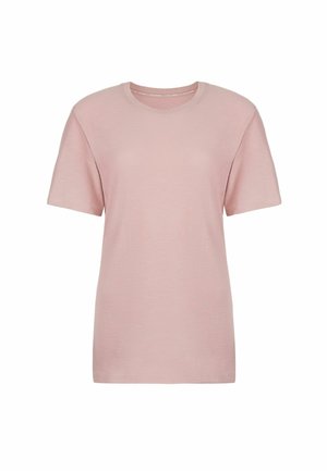 Ljusrosa kortärmad t-shirt i mjukt tyg, med rund halsringning och avslappnad passform, med en slät textur och minimal detaljering.