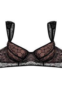 Black lace bra with pink lining, featuring floral patterns, adjustable straps, and a hook closure at the back. Elegant and detailed design.
