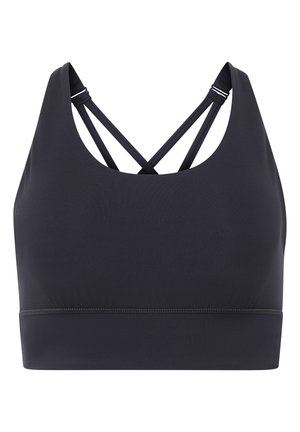 Reggiseno sportivo nero con scollatura arrotondata, spalline incrociate e un tessuto liscio e elastico. Presenta una fascia elastica sottile nella parte inferiore.