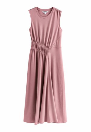 Sleeveless midi dress in soft pink fabric, featuring a smocked waistline and flowing skirt, with a round neckline and clean design.