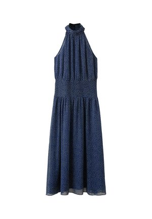 Vestido largo azul marino sin mangas con lunares blancos, escote alto y cintura ajustada con falda fruncida.