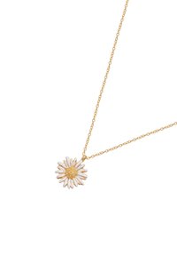 Gul kedja med en prydnad i form av en prästkrage. Blomman har vita kronblad och en texturerad gul mitt, som kombinerar blanka och matta ytor.