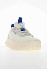 Białe buty sportowe z niebieskimi akcentami, wierzch wykonany z siateczki i tekstyliów, teksturowana gumowa podeszwa oraz okrągłe sznurowadła. Posiadają pętelkę na pięcie.