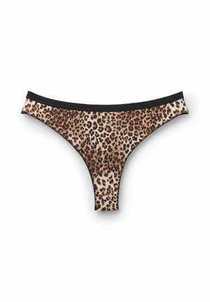 Perizoma da donna in stampa leopardata con cinturino elastico nero su sfondo bianco.