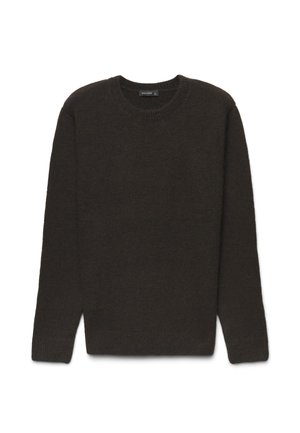 Maglione marrone scuro a girocollo in maglia, con maniche lunghe, polsini e orlo a costine, disteso su uno sfondo bianco.