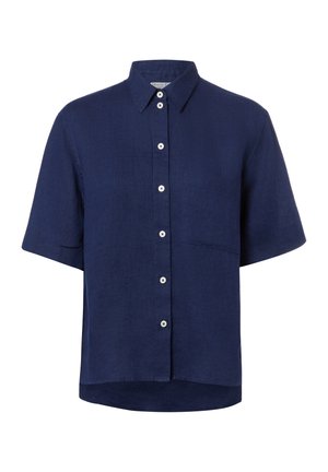 Chemise bleu marine à manches courtes avec boutons, col pointu et une poche poitrine, en tissu léger.