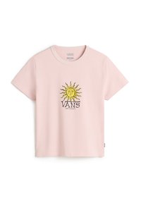 Růžové bavlněné tričko s kulatým výstřihem má na sobě žlutou grafiku slunce a pod ní se nachází název značky "VANS" v černé barvě. Krátké rukávy.