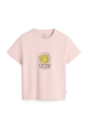 Pink cotton t-shirt with a round neckline features a yellow sun graphic and the brand name "VANS" in black below the design. Short sleeves.