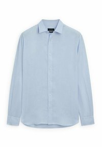 Camicia azzurra a maniche lunghe con bottoni, realizzata in tessuto morbido, caratterizzata da un colletto classico e un orlo dritto con bottoni sulla parte anteriore.