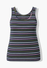 Marinblå tanktopp med horisontella ränder i rosa, vitt och grönt. Mjuk tyg, rundad halsringning och figursydd design.
