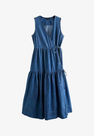 Ärmelloses blaues Jeanswickelkleid mit V-Ausschnitt, geraffter Taille und Rock, seitlich mit Bändern zu binden, Midilänge.