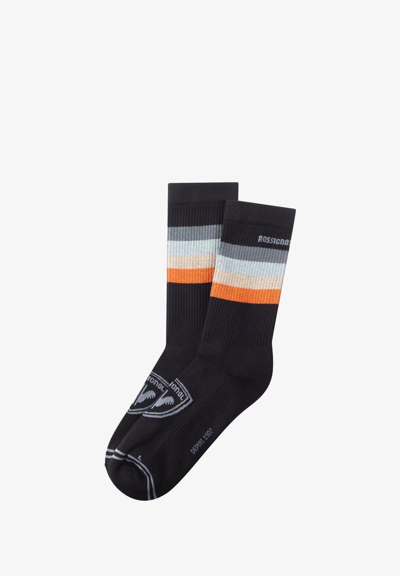 Calzini neri con texture a coste, caratterizzati da strisce orizzontali in blu chiaro, beige e arancione. Presentano un logo grigio sul lato.