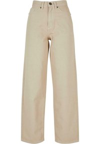 Pantalones de pierna ancha beige hechos de denim, con cintura alta, diseño tradicional de cinco bolsillos y cierre de botón con detalles metálicos.