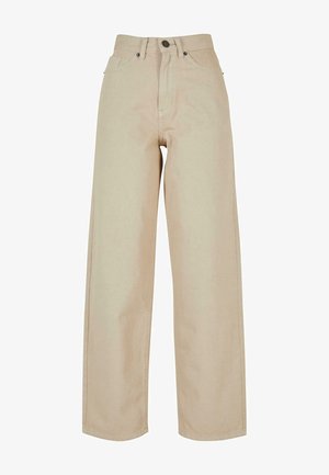 Beige weite Jeanshose aus Denim, mit hoher Taille, traditionellem Fünf-Taschen-Design und einem Knopfverschluss mit Metallakzenten.