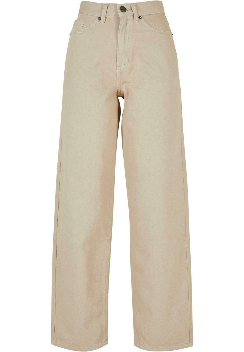 Pantalones de pierna ancha beige hechos de denim, con cintura alta, diseño tradicional de cinco bolsillos y cierre de botón con detalles metálicos.