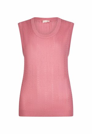 Gilet en maille rose sans manches avec une texture côtelée et un col rond, présenté sur un fond blanc.