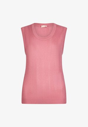 Mouwloos roze gebreid trui-vest met geribbelde textuur en een ronde hals, weergegeven op een witte achtergrond.