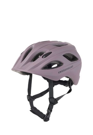 Casque de vélo violet mat avec plusieurs trous de ventilation, sangles noires ajustables, et logo "Swedemount" sur le côté.