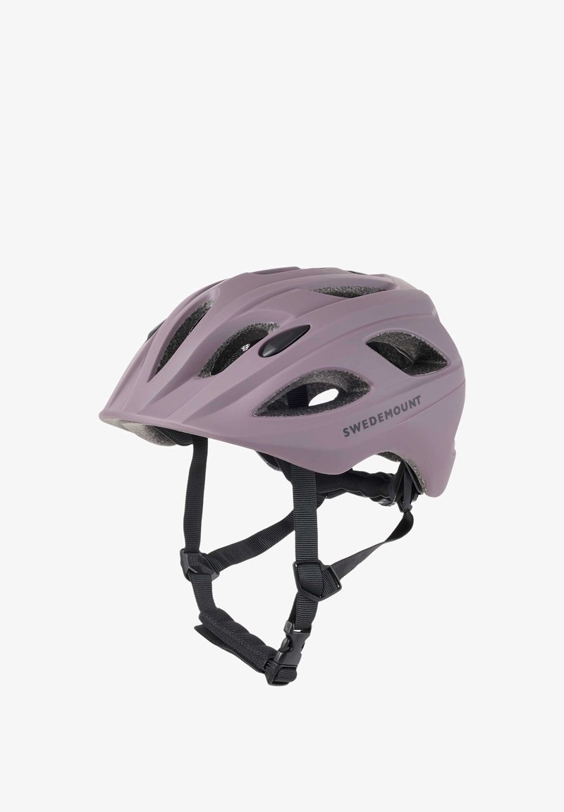 Mat lilla cykelhjelm med flere ventilationshuller, justerbare sorte stropper og "Swedemount"-mærke på siden.