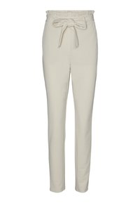 Beige, elastische broek met een geplooide ruffle en een stoffen strikceintuur aan de voorkant. Slanke benen zonder zichtbare zakken of patronen.
