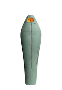 MAMMUT Schlafsack aus grünem Stoff mit einer angepassten, länglichen Form. Verfügt über eine kontrastierende orange Kapuze und einen seitlichen Reißverschluss für einfachen Zugang.