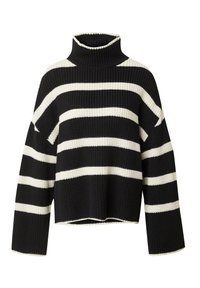 Pull rayé noir et blanc avec un col haut, une coupe ample, une texture côtelée et des épaules tombantes. Présente une longueur raccourcie.