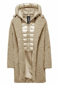 Beige oversized jas met een gestructureerde buitenstof en een glanzende, gevoerde binnenjas met een hoge kraag en ritssluiting.
