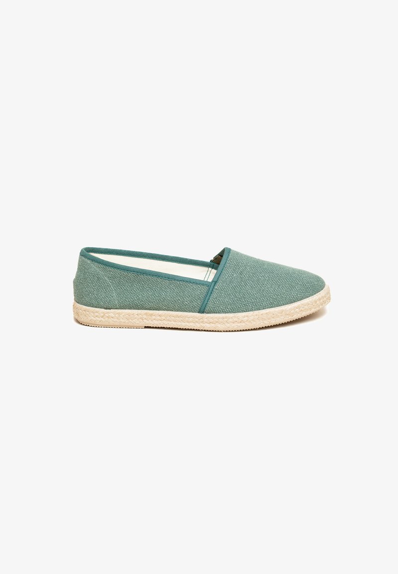 Espadrille shoe with a light teal woven fabric upper, flat jute sole, and simple slip-on design. Smooth texture with minimal accents.