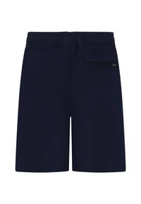 Pantaloncini da mare blu navy con vita elastica, una tasca posteriore e un piccolo dettaglio con logo sulla tasca. Tessuto liscio e leggero.