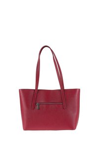 Borsa a mano rossa in pelle con design strutturato, base piatta, due manici lunghi e tasca con zip frontale. Superficie con texture uniforme.