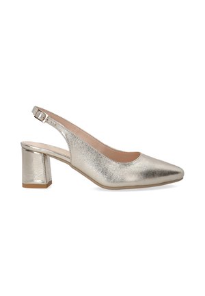 Metallic silver slingback heels with a pointed toe and a block heel. Textured upper with a smooth inner lining. Adjustable ankle strap.