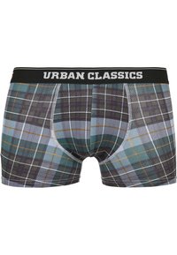 Herreboxerbriefs i et flerfarget rutete mønster med mørkegrønn, grå, hvite og orange detaljer, samt en svart elastisk linning.