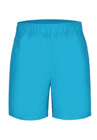Pantaloncini da nuoto blu realizzati in materiale leggero; cintura elastica; taglio alle ginocchia; dettagli di cucitura discreti all'orlo.