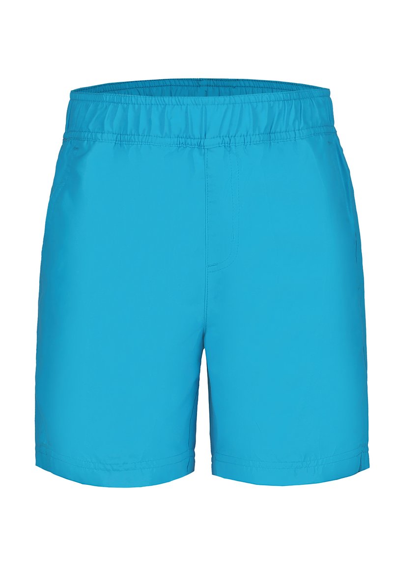 Pantaloncini da nuoto blu realizzati in materiale leggero; cintura elastica; taglio alle ginocchia; dettagli di cucitura discreti all'orlo.