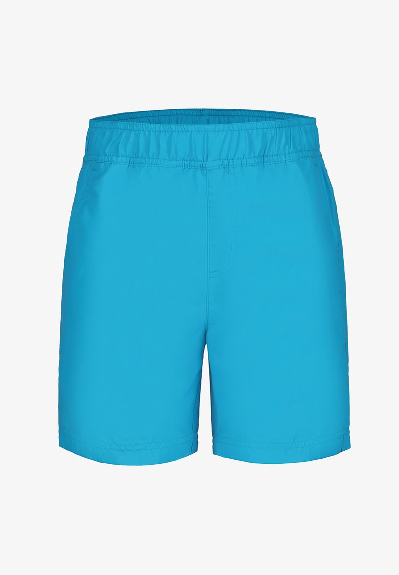 Blå simbyxor i lätt material; elastisk midja; knälång klippning; subtil sömdetalj vid fållen.