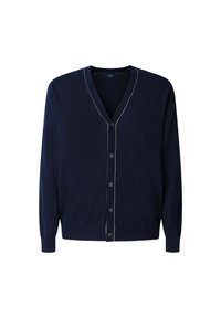 Cardigan blu navy a V con maniche lunghe, cinque bottoni sulla parte anteriore e delicate cuciture più chiare lungo i bordi.