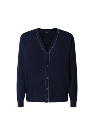 Cardigan blu navy a V con maniche lunghe, cinque bottoni sulla parte anteriore e delicate cuciture più chiare lungo i bordi.
