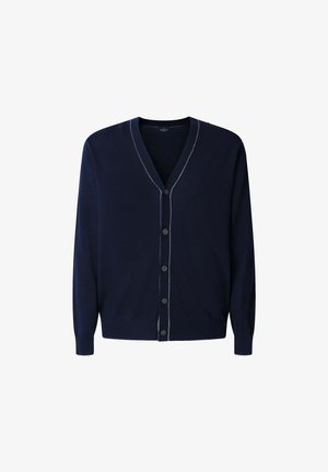 Navy blue V-neck cardigan with long sleeves, five buttons down the front, and subtle lighter stitching along the edges.