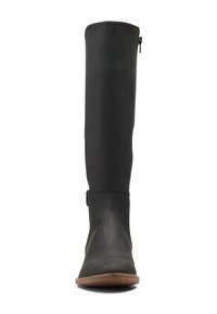 Bottes noires en cuir montant jusqu'au genou avec une texture lisse, une fermeture à glissière latérale, un large shaft, une semelle en bois et un design épuré.