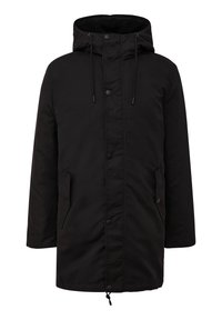 Zwarte parka-jas met een capuchon, voorzien van drukknoopsluitingen, zakken aan de voorkant en een koord aan de onderkant. Gelaagde stof met een soepele afwerking.