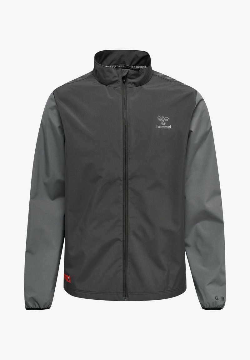 Hummel vindjakke med sort krop og grå ærmer, lavet af glat, letvægtsmateriale med en frontlynlås og logo detalje.