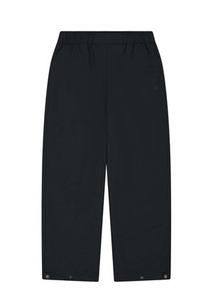 Zwarte, lichte, rekbare stofbroeken met een elastische tailleband, recht gesneden pijpen en verstelbare knopensluitingen aan de onderkant voor een aanpasbare pasvorm.