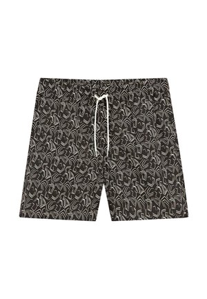 Shorts de bain noirs avec motif géométrique abstrait blanc et cordon blanc à la taille élastique.
