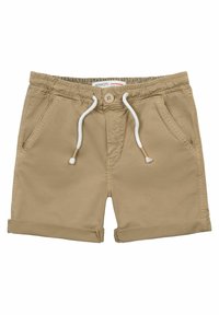 Shorts in cotone beige con una vestibilità comoda, vita elasticizzata, cordino e orli arrotolati. Presentano due tasche laterali e una chiusura a bottoni frontale.