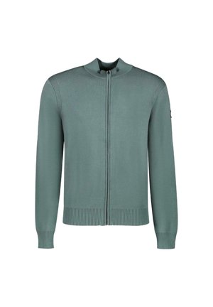Groene gebreide cardigan met een ritssluiting, geribde manchetten en zoom. Heeft een hoge kraag en een subtiele textuur door de stof.