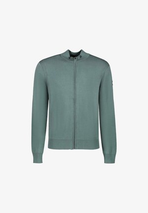 Groene gebreide cardigan met een ritssluiting, geribde manchetten en zoom. Heeft een hoge kraag en een subtiele textuur door de stof.