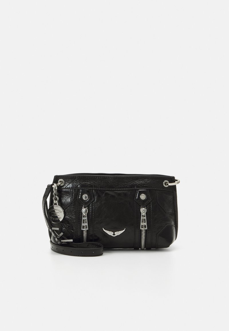 Black leather handbag with silver hardware, featuring a zip closure, decorative zippers, and an attached charm. Compact rectangular shape.