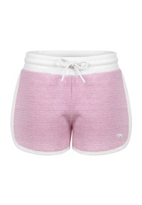 Shorts rayés roses avec taille blanche, dotés d'un cordon de serrage et d'une bordure blanche. Tissu doux avec une coupe décontractée et un détail logo à l'ourlet.